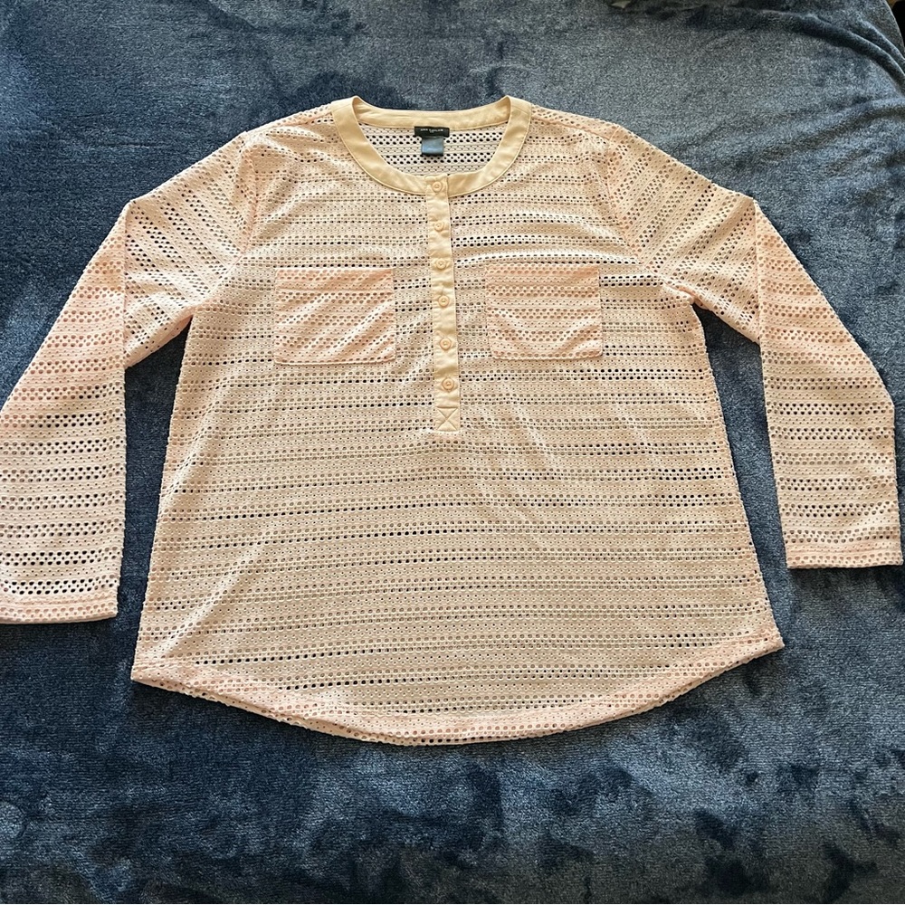 Ann Taylor Over Blouse Long Sleeve Sheer 3/4 Button Front with Pockets Peach